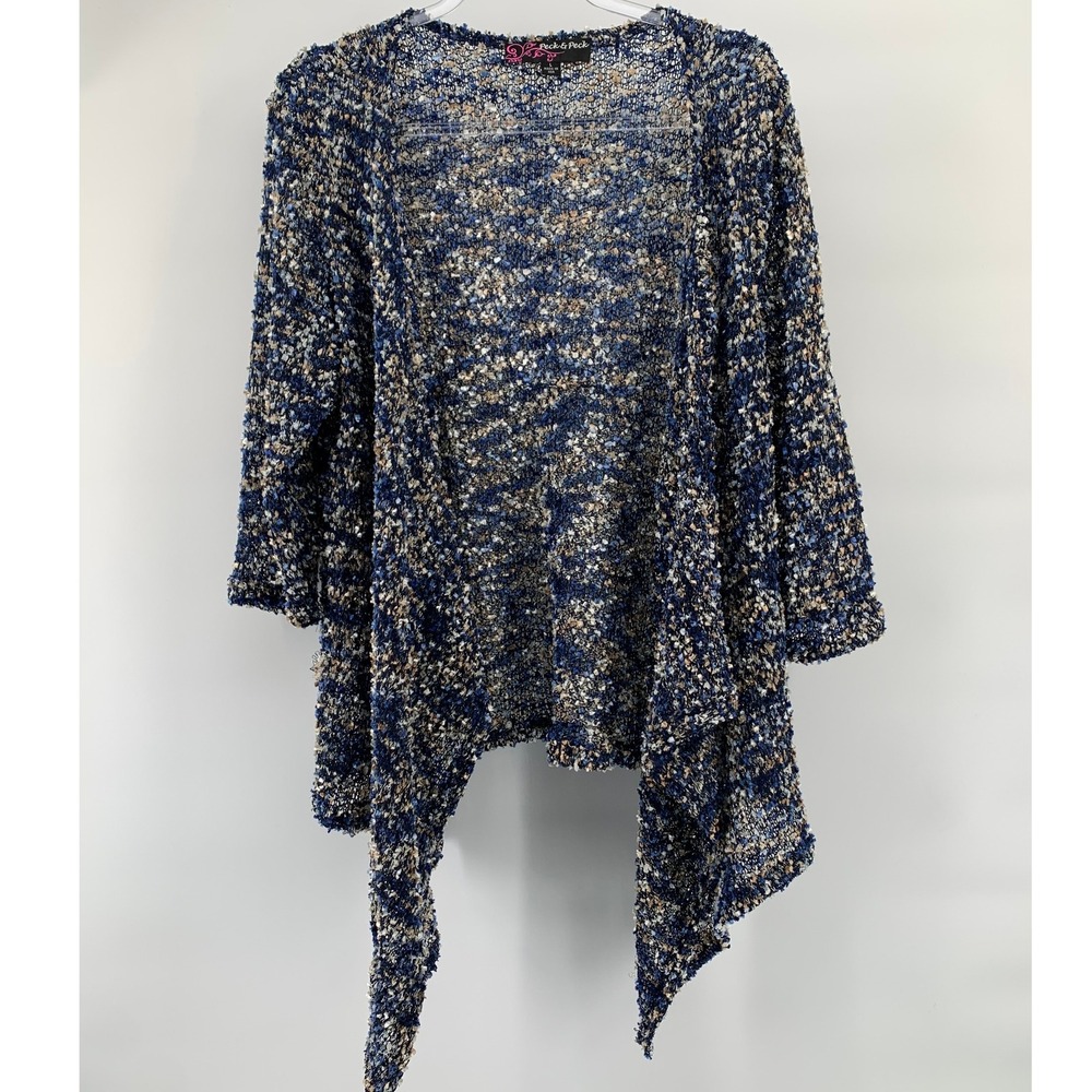 Knit Cardigan Large Textured Metallic Blue Tan Open Front Layering Sweater USA
